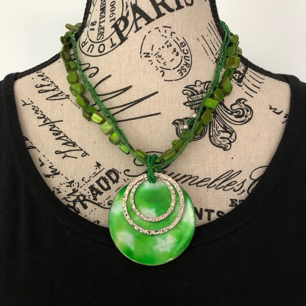 2/$19 M&S Costume Jewellery Necklace 3 Strands of Beads and Circle Pendant Green